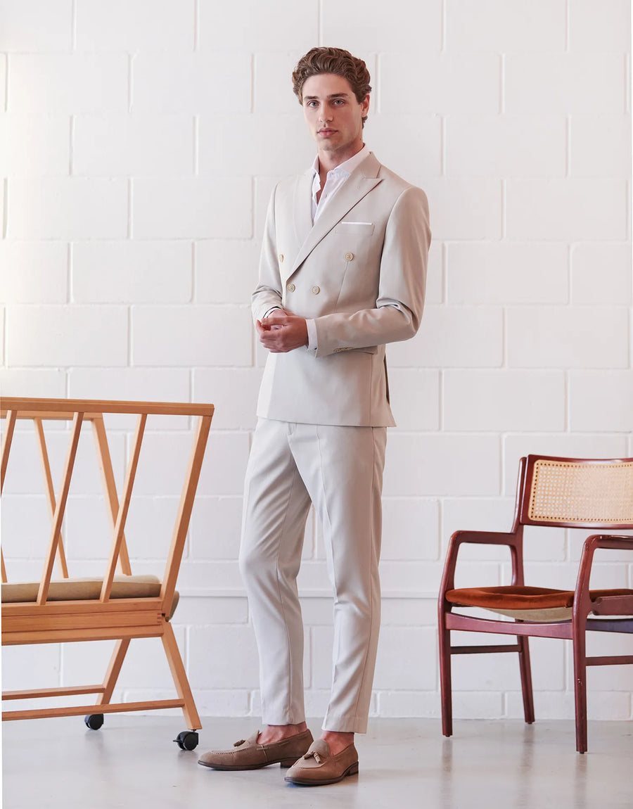 DENIM SUIT PANTS WITH BUCKLES AND TAPPERED FIT