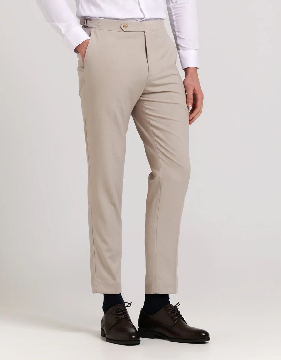 DENIM SUIT PANTS WITH BUCKLES AND TAPPERED FIT