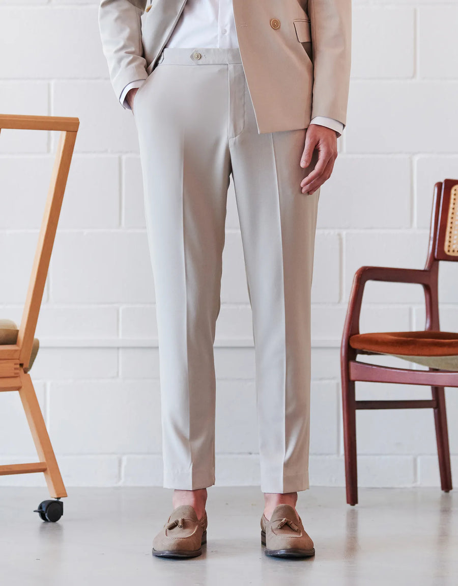 DENIM SUIT PANTS WITH BUCKLES AND TAPPERED FIT - BEIGE