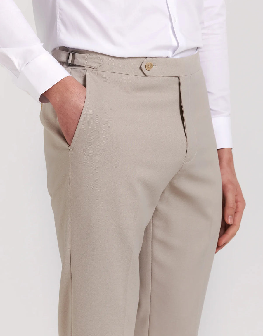 DENIM SUIT PANTS WITH BUCKLES AND TAPPERED FIT